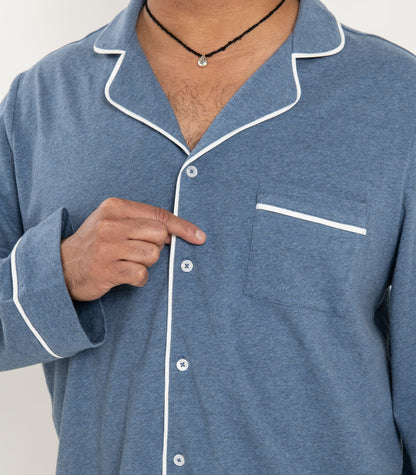 Bhumi Organic Cotton - Men's Jersey Long PJ Set - Ocean Blue Melange
