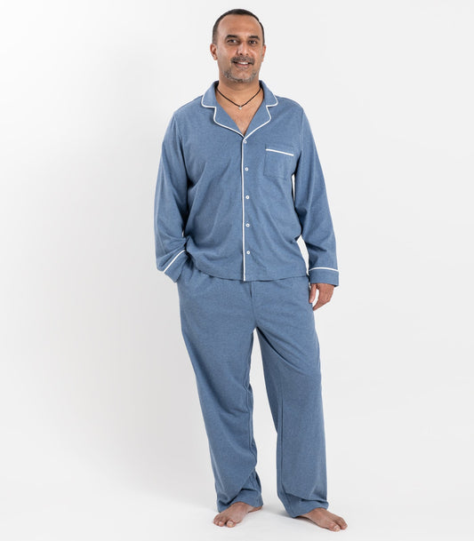 Bhumi Organic Cotton - Men's Jersey Long PJ Set - Ocean Blue Melange